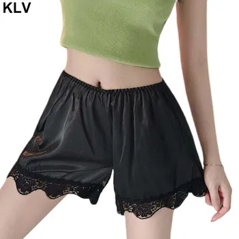 

Women Imitation Silk Loose Safety Shorts Sleep Lounge Slip Bloomer Pants Floral Lace Trim Solid Color Pettipants Split Skirt