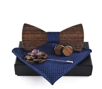 

Mens Plaid Woooden Bow Tie Set Floral Printed Wood Bowtie Handkerchief Brooch Cufflinks Sets For Men Groom Wedding Accessories