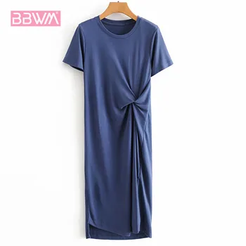

Blue Lace Up Casual Wild Neck Round Neck Short Sleeve Women's Dress Simple Stretch Loose Casual Female Dress