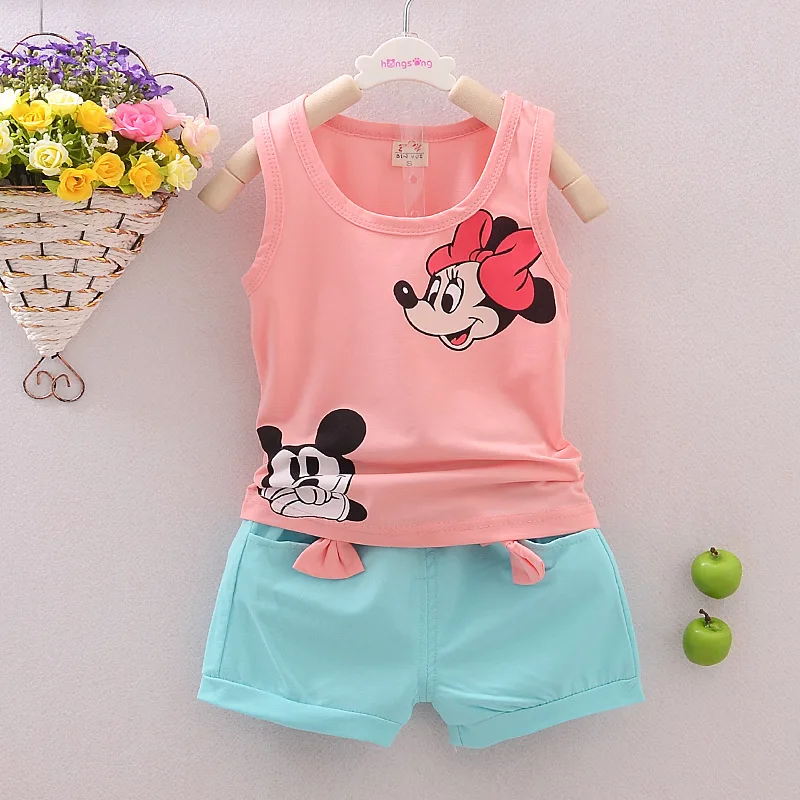 

Toddlers Kids Baby Girl Clothes Summer Sets Sleeveless T-shirt Tops+Shorts Outfits 2pcs Girls Minnie T-shirt Cartoon Clothes Set