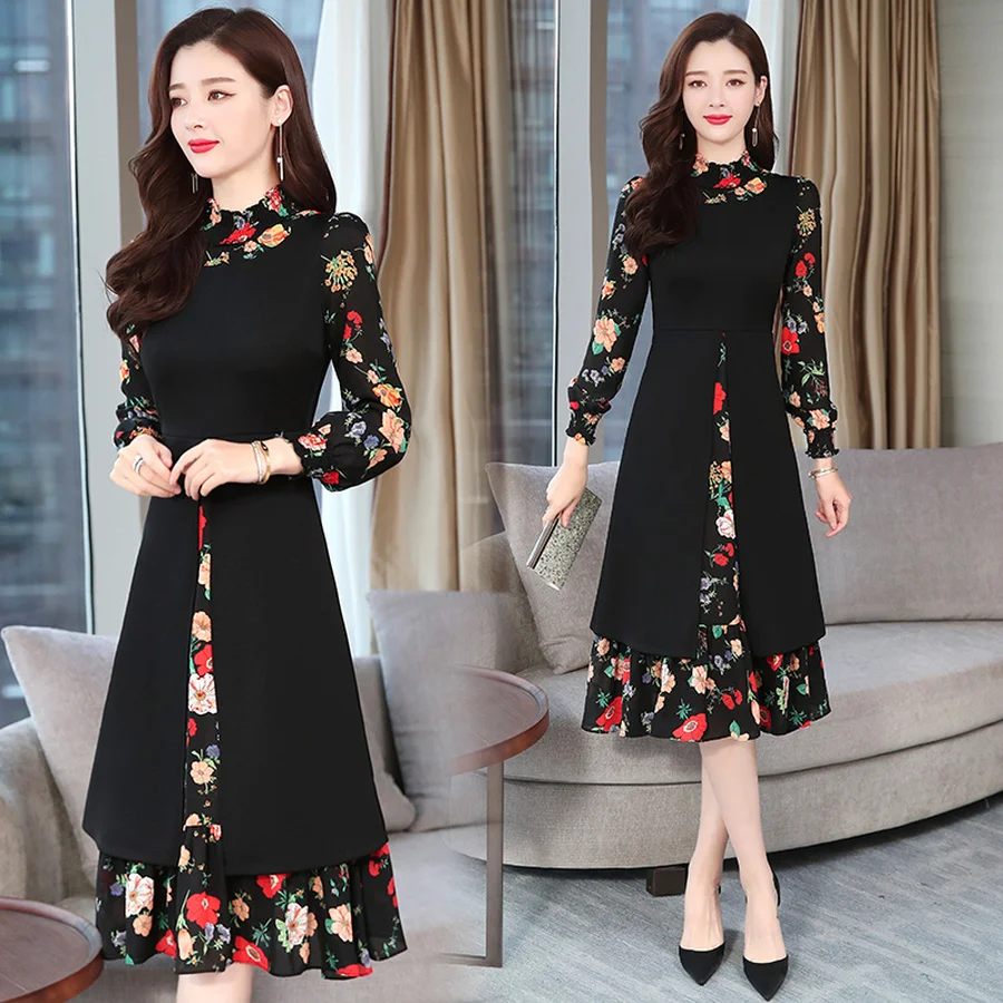 

2019 Vintage Print Chiffon Long Sleeve Dresses Autumn Winter New 4XL Plus Size Black Bodycon Dress Elegant Women Party Vestidos