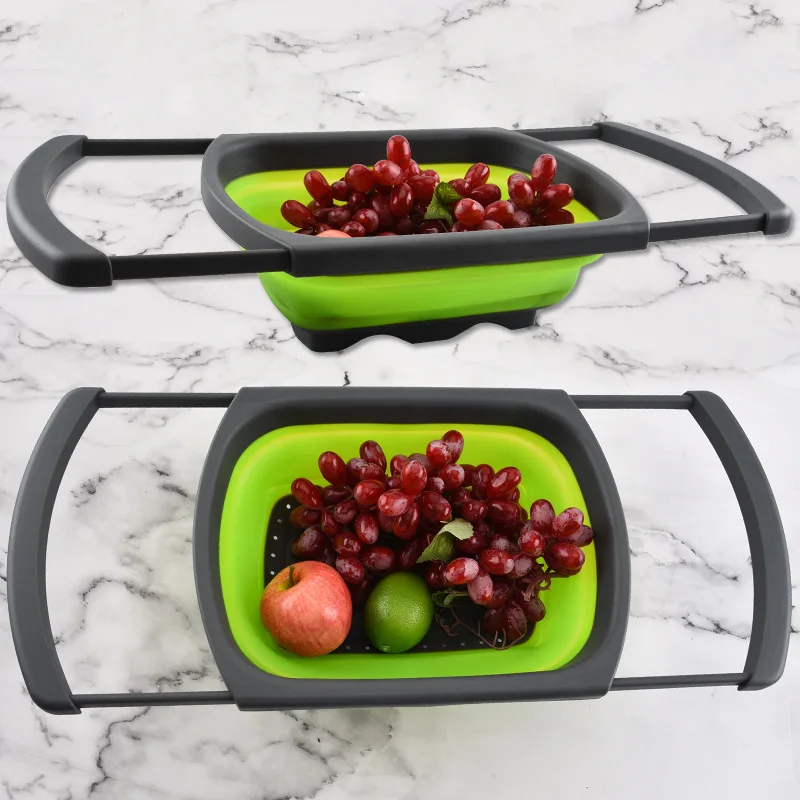 

Manufacturers Direct Selling Multi-functional Rectangular Telescopic Drain Basket Folding Fruit And Vegetable Basket Kitchen Too
