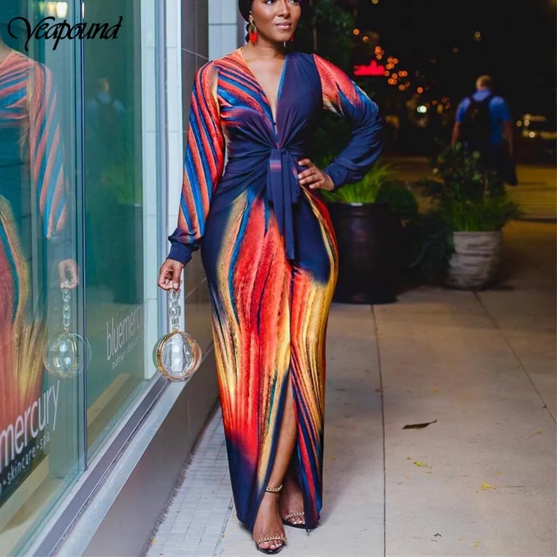 Sexy Women Deep V Neck Long Sleeve Print Dress Evening Party Clubwear Bodycon Fashion Split | Женская одежда