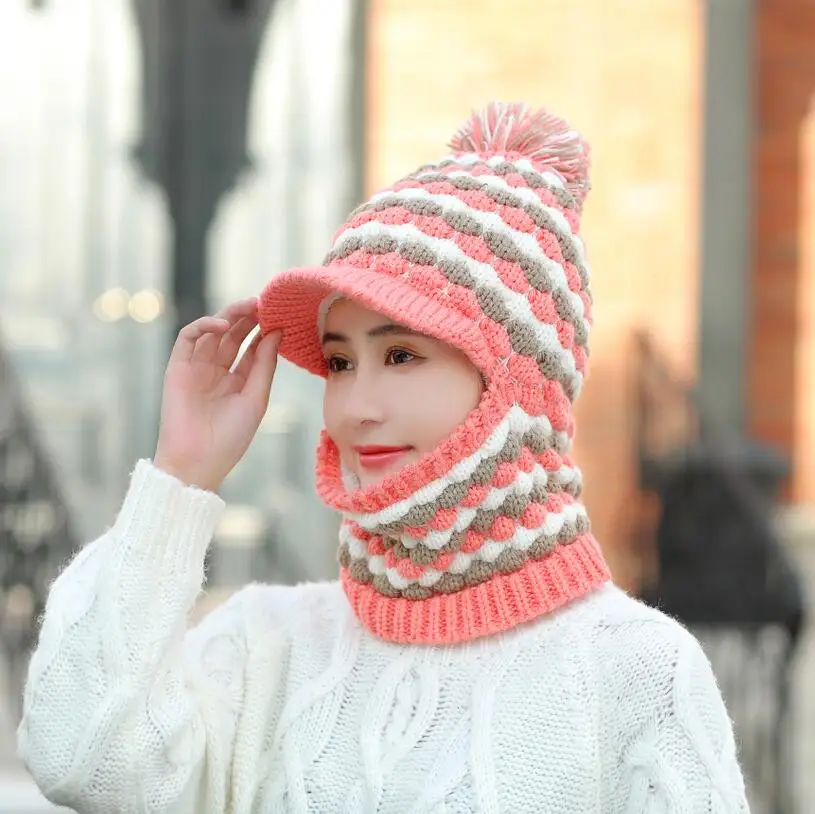 Зимняя женская вязаная шапка женский зимний шарф шапка модная зимняя женская шапка Балаклава шляпа - Цвет: pink