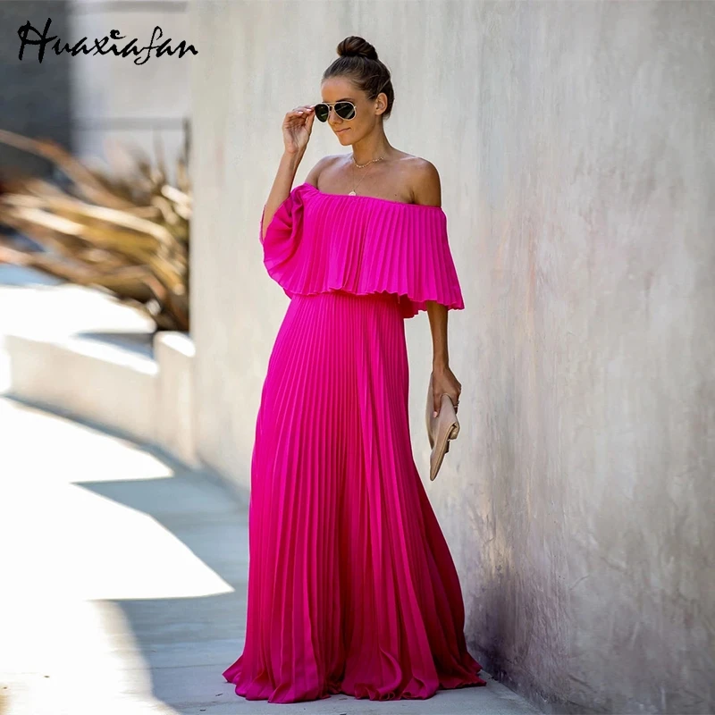 UULZZOR, плиссированное длинное платье с открытыми плечами, женское вечернее платье макси с рюшами, однотонные розовые осенние платья, элегантные Vestidos - Цвет: rose red