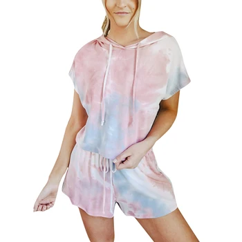 

Women's Tie Dye Printed Pajamas Set Two Pieces Multiple Color Hoodie Pullover + Drawstring Shorts Set Casual Style Loungewear