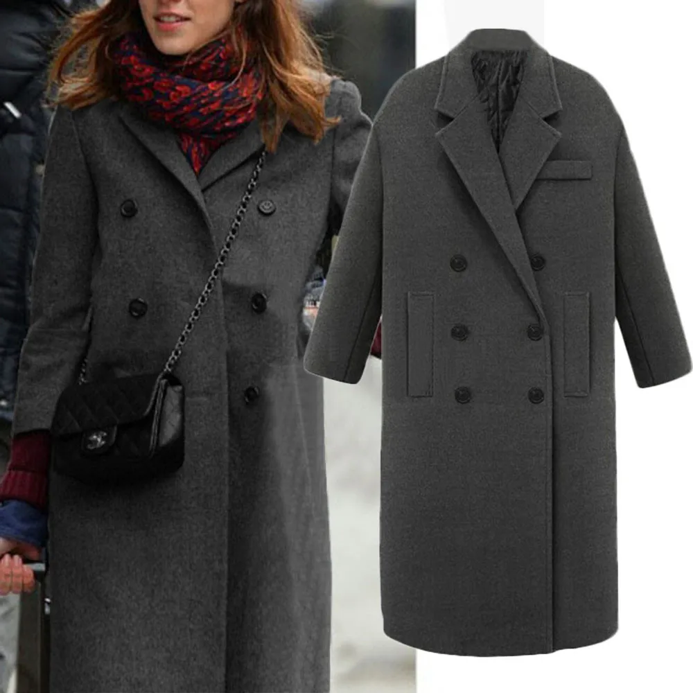 

Womens Winter Lapel Thin Wool Blend Coat Button Turn-down Collar Winter Elegant Overcoat Loose Plus Overcoat Outwear