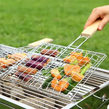 

Hot Sale Iron Wire Barbecue Kebab Grilling Basket BBQ Net Wooden Handle Meat Fish Clip Holder