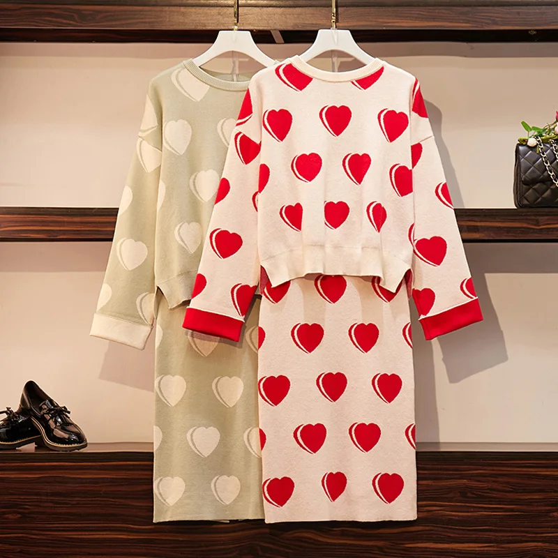 

Women Elegant Love Print Knited Two Piece Set Autumn Winter O Neck Irregular Warm Sweater And Slim Pencil 2 Piece Skirt Suits