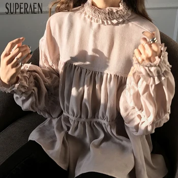 

SuperAen New 2020 Spring Women Shirts Turtleneck Solid Color Wild Ladies Blouses and Tops Long-sleeved Chiffon Women Clothing
