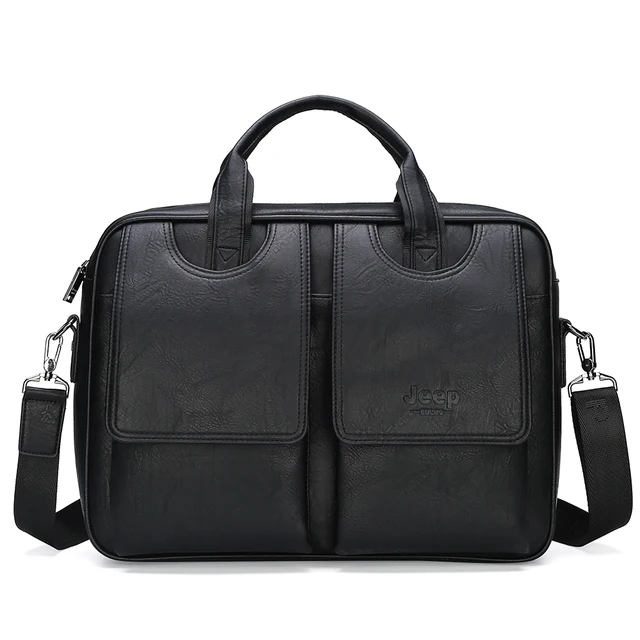 JEEP BULUO Men's Bags Briefcase Travel Easy To Carry Multifunctional Large Handbag 14-inch Computer Split Leather Man Big Bag 1800 Black