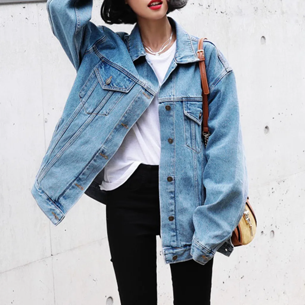 

Plus Size Denim Jacket Women Loose Long Sleeve Jeans Coat Retro Cowboy Denim Loose Casual Jacket Loose BF Wind Denim Jacket