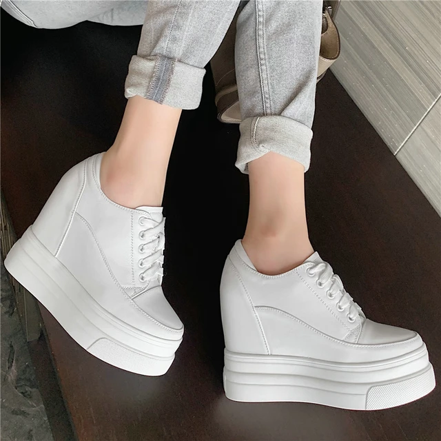 Women Comfy Lace Up Sport Athletic Shoes Platform Wedge High Heels Creepers  Pump