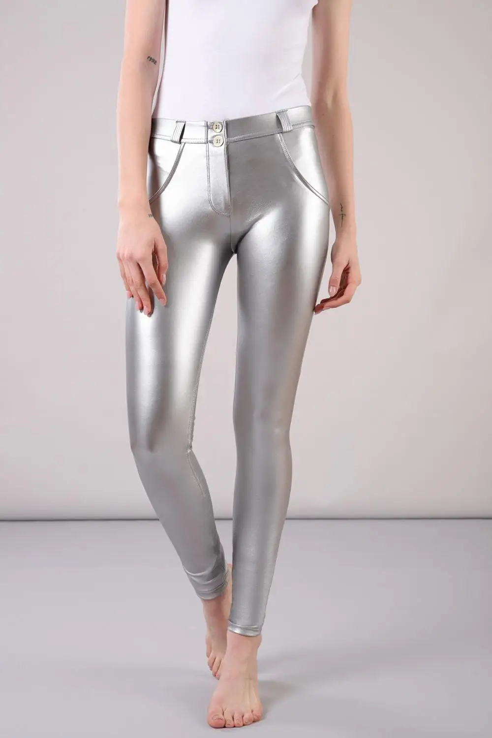 Melody Four Ways Stretchable Silver Faux Leather Pants Women Mid Rise Button Fly Push Up PU Leather Trousers Plus Size Pants