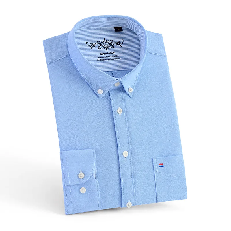 New Men s Long Sleeve Shirt Oxford Fabric Cotton Printed Comfortable Slim Plaid Striped Collar Business 5