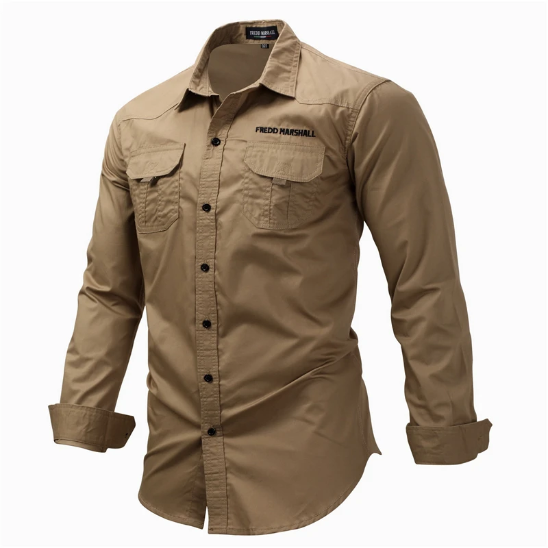Мужская хлопковая рубашка карго, винтажная рубашка, мужская рубашка с вышивкой, однотонные рубашки, Классическая мужская рубашка в стиле милитари с длинным рукавом, Camisa Masculina