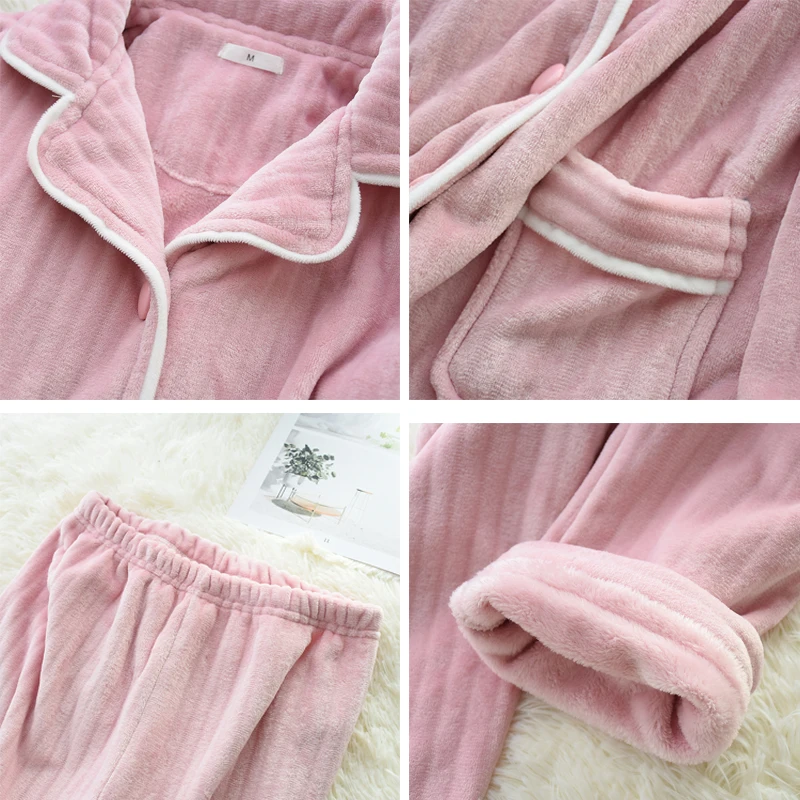 Зимняя Фланелевая пижама, комплект для пары, розовая утолщенная теплая Пижама, одноцветная бархатная Пижама для женщин, домашняя одежда