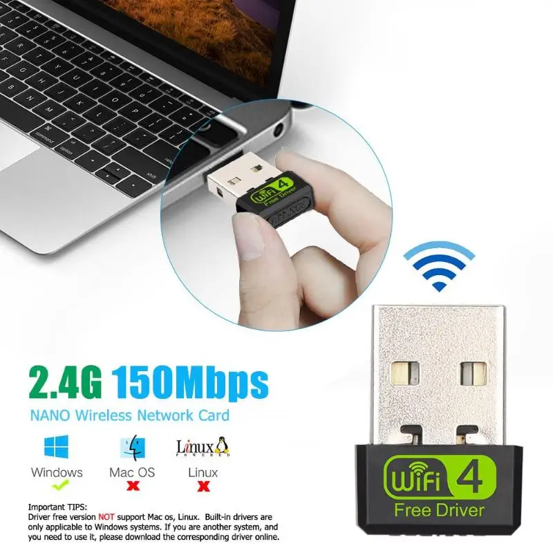 Adattatore USB WIFI 150Mbps 2dBi Antenna 802.11n/g/b Adapter per PC Laptop Nero 