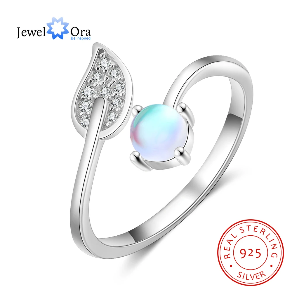 

JewelOra Delicate Zirconia Leaf 925 Sterling Silver Moonstone Ring Female Finger Adjustable Rings for Women Best Friend Gifts
