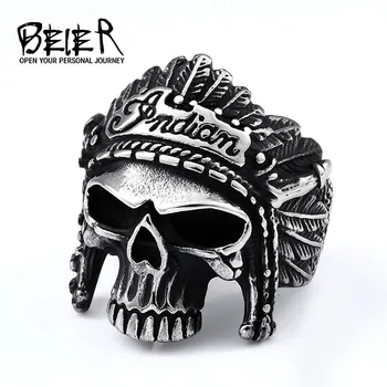 

BEIER Chief Stainless Steel USA Indiana Motorcycle Rider Fashion Men's Skull ring Punk jewelry Finger gift BR8-190