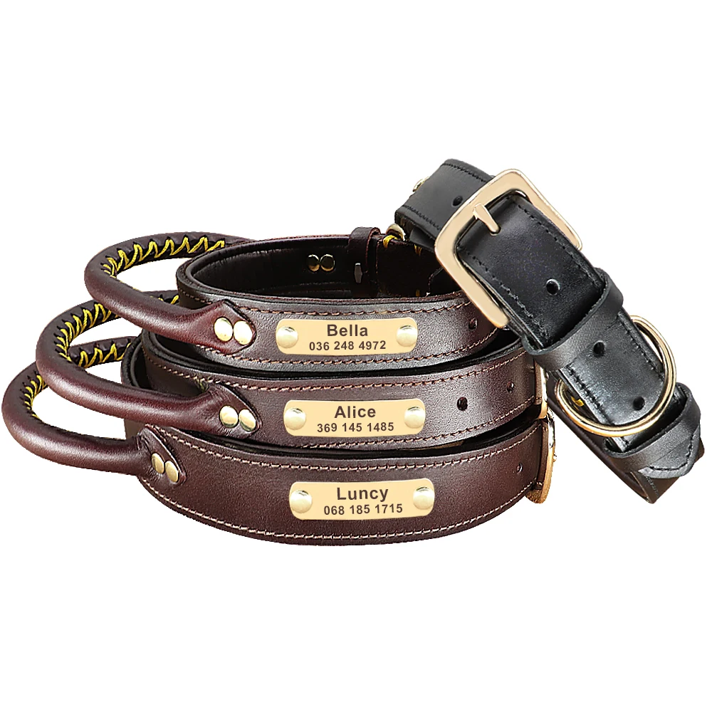 Leather Dog Collar Personalized ID Tag For Medium Large Dogs Pet Walking Training Quick Control Necklace Handle dog collar