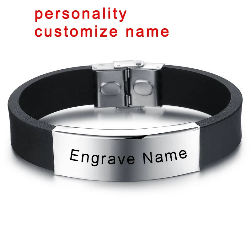 

Punk Custom Logo Engrave Name Bracelet Men Luxury Brand Stainless Steel Silicone Bracelet Friendship Bracelets Dropshipping 2019