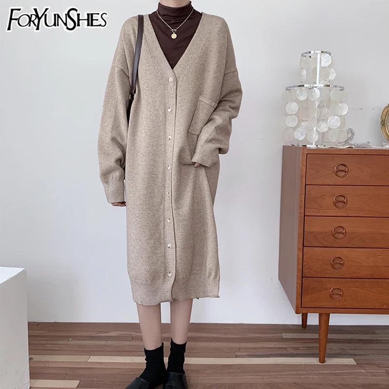 

FORYUNSHES Women Slouch-Fit Knit Sweater 2020 Autumn Winter Femme Korean Style Lazy Casual Over Knee Knitted Long Cardigan Coat