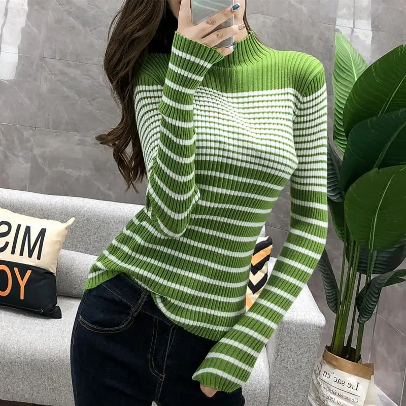 Turtleneck Ribbed Women Sweater High Elastic Stripe 2019 Fall Winter Sweater Women Slim Sexy Knitted Pullover Green White jumper