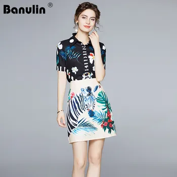 

Banulin Summer Fashion Runway Skirt Set Women's Floral Black Blouse Shirts and Animal Print White Bodycon Skirt Suit 2 Piece Set