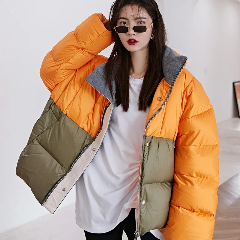 

D9489 Winter New Style Thick Warm Contrast Color down Coat Dirty Orange Loose And Plus-sized Cotton Coat Women's