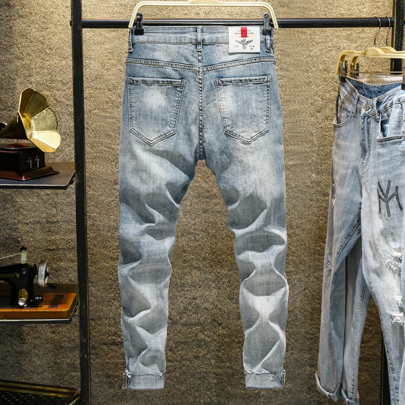 Hot Product new casual slim elastic blue jeans men ,men's pencil pants skinny jeans men Slim Fit Straight Ripped Distressed Pleated Cotton