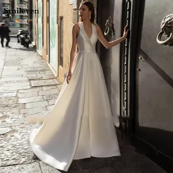 

Smileven Soft Satin Wedding Dresses A Line Elegant Backless Bride Dress Wedding Gowns 2020 Vestido De Noiva
