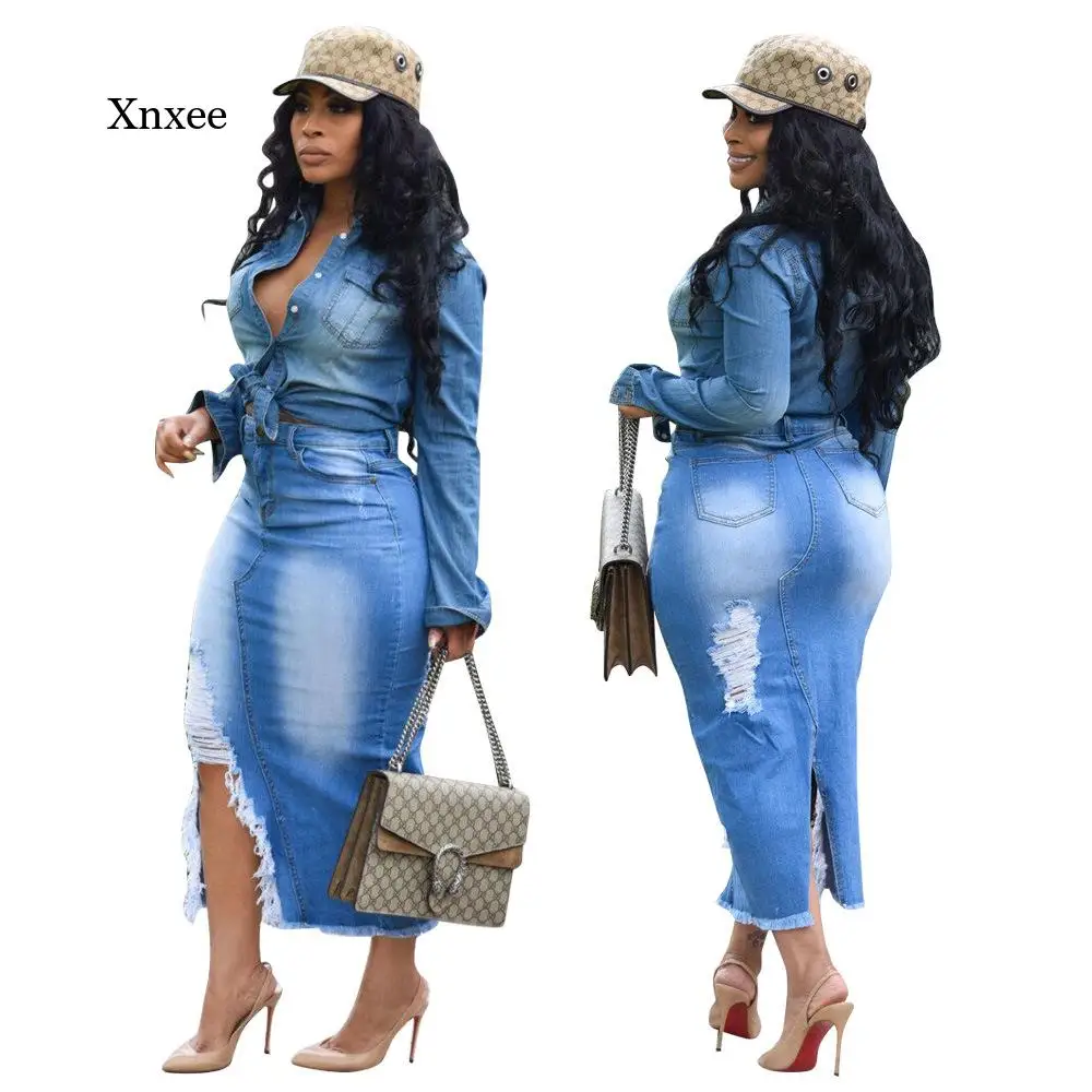 

Women Distressed Jeans Skirts High Waist Trendy Retro Washed Irregular Fashion Ripped Split Denim Elastic Bodycon Long Skirt