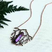Медная ветка и Кристал острый ожерелье, аура кварц кулон, твиг ювелирные изделия, ведьмы талисман подарок, Лесной ожерелье с амулетом