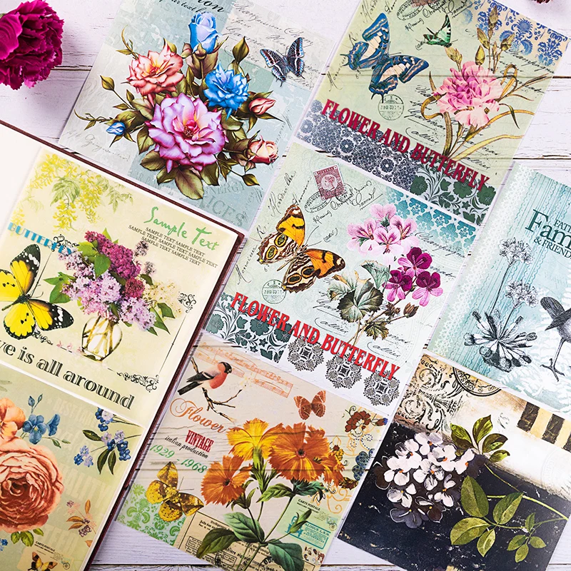 

8pcs/Set Vintage Flower and Butterfly Letters Vellum Paper Pad for Scrapbooking Happy Planner Card Making Junk Journal Project
