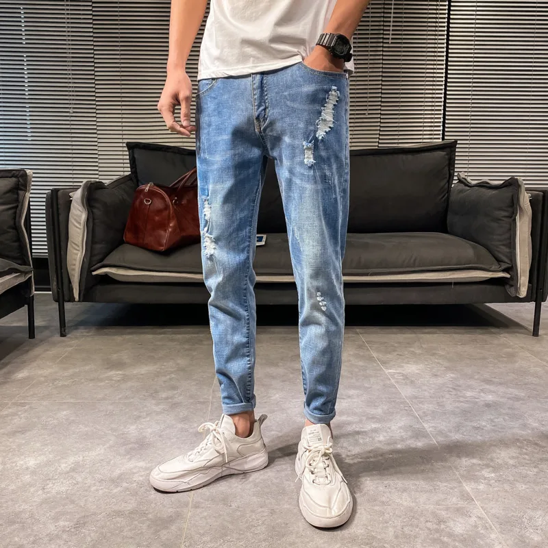 

Summer Jeans Men's Slim Fashion Washed Solid Color Casual Hole Jean Pants Men Streetwear Wild Hip Hop Denim Trousers Mens