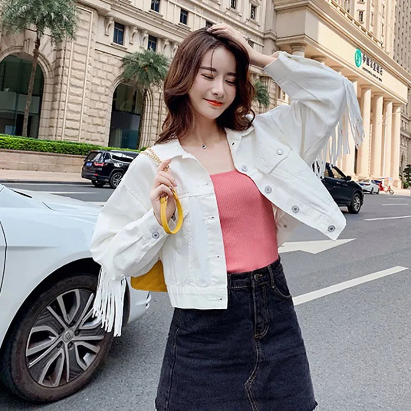 

2020 Spring New Tassel Short Jeans Jacket for Women Long Sleeve Casual Denim Jacket Female Fashion White Student Jean basic Coat