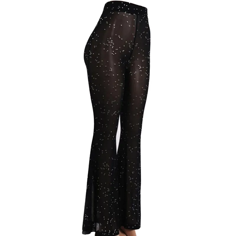 

Women Pant Sexy Thin Mesh Flare Wide Leg See Through Transparent Pants Beach Femme Pantalon Long Trousers