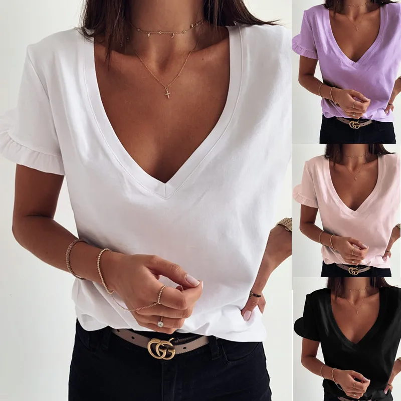 

2020 European and American popular summer simple solid color V-neck ruffled short sleeve top women's wear