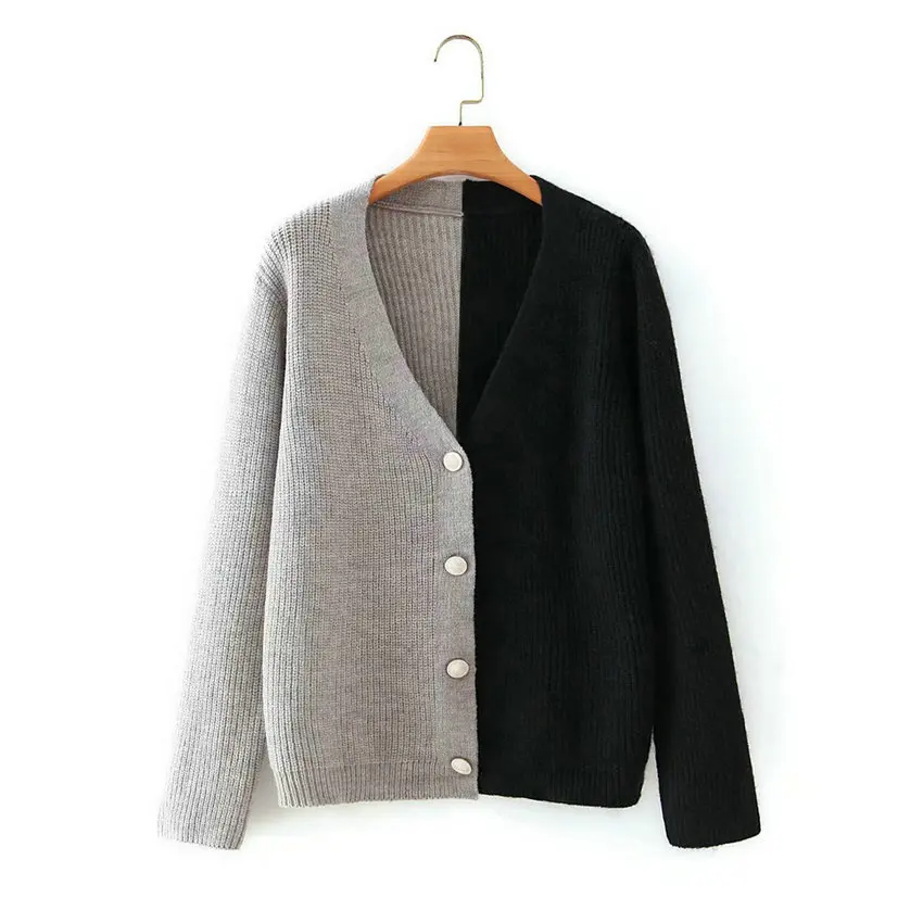 

Grey Black Patchwork Wool Blend Cardigan Sweater Women Winter Autumn Casual Cozy V-Neck Single-Breasted Knitwear Korean Style