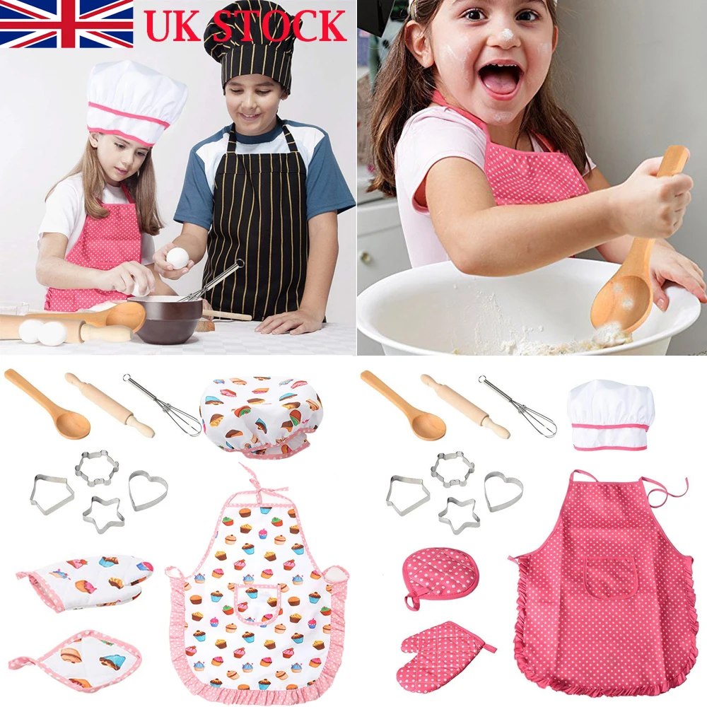 11Pcs Kitchen Costume Role Play Kits Wi/Apron Kids Cooking Baking Set Play Toys 