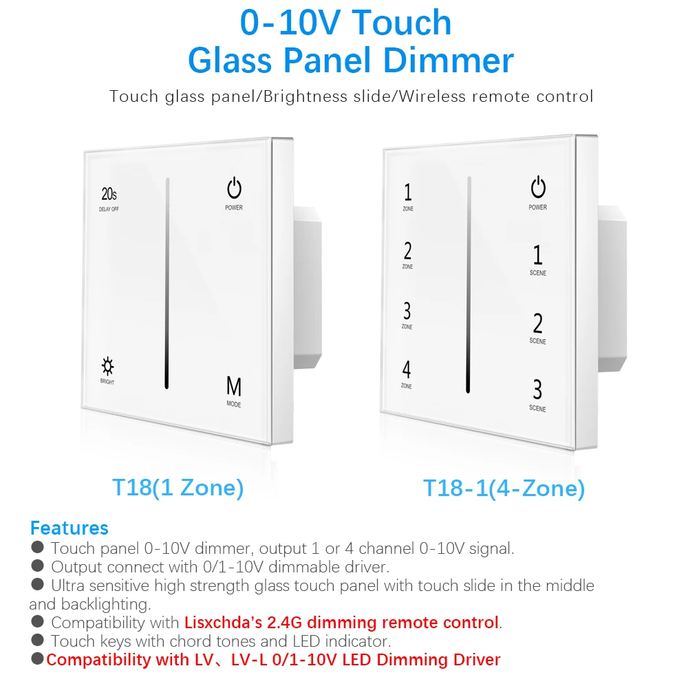L1 0-10V Tempered Glass Panel Dimmer Controlle Sensitive Touching 256 Grades Brightness Dimming Smart Pannel with Turn Off Timing Function 