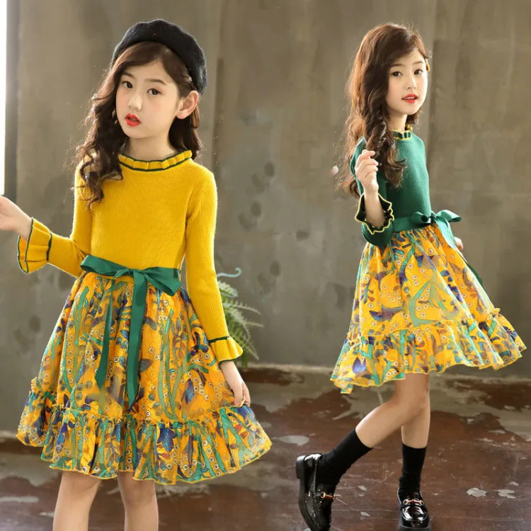 New Spring Princess Baby Girls dresses kids Long Sleeve Dresswith Leaves+Sweater 2Pcs Infants Girls Clothing Sets 3-13Y