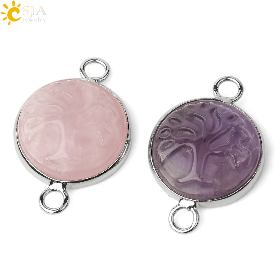 CSJA Double Hole Natural Stone Connector Cabochon Life Tree Charms for