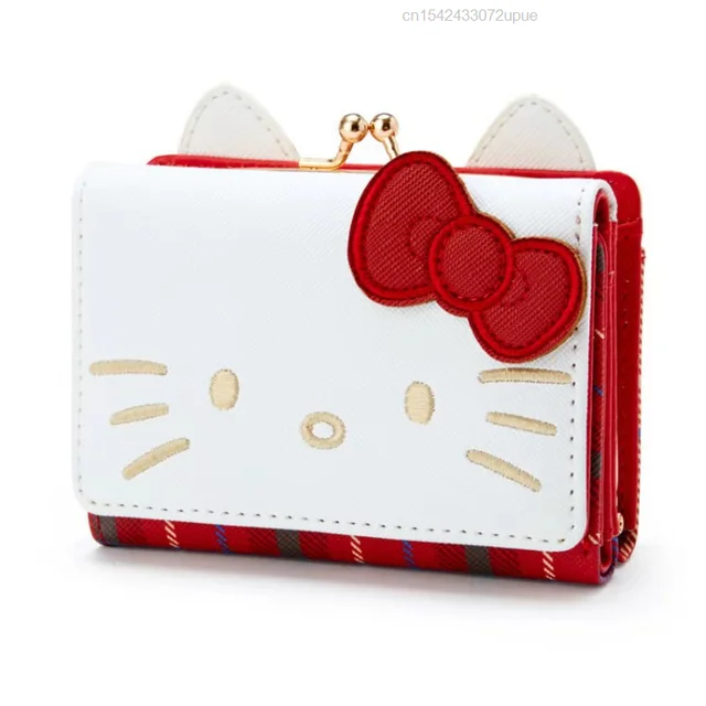 Sanrio Kawaii Hello Kitty Cinnamoroll Melody Small Short Wallet Ladies Girls Plaid Purse Trifold Leather Women Money Bag Clip 5