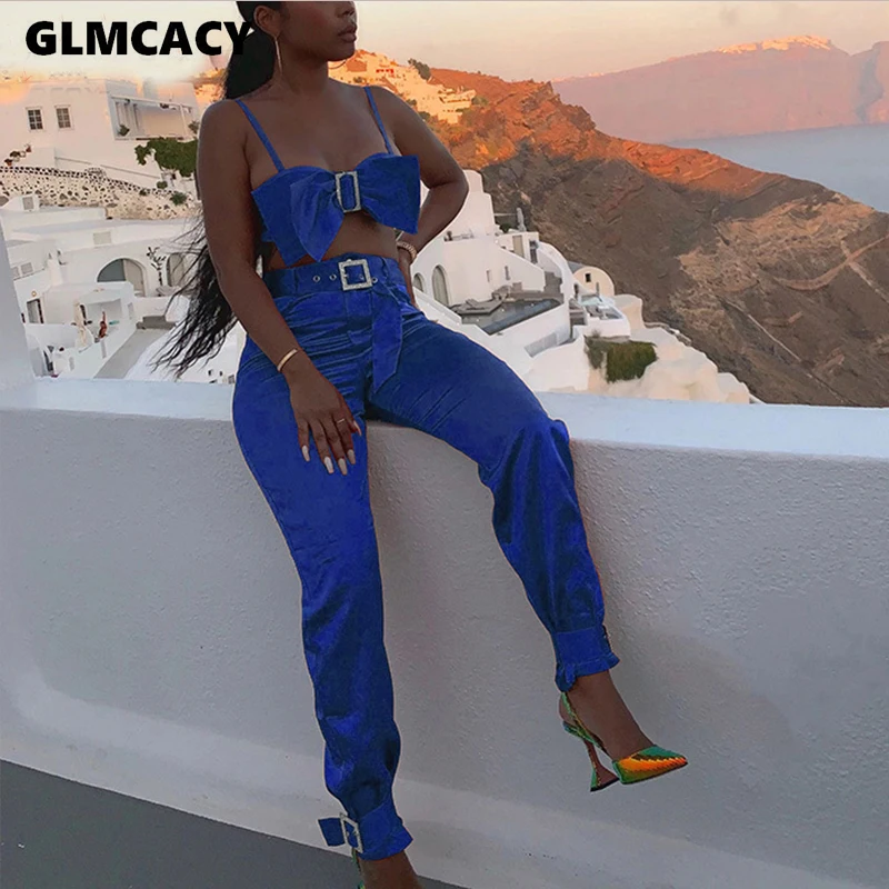Women Two Piece Bow Down Bishes Set Diamond Buckle Top& High Waist Zipper Button Trouser Pant Set Sexy Partty Clubwear - Цвет: Синий