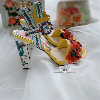 

ENPLEI Crystal Sandals Women Flower Sandals One Strap Slim Shallow Chunky Square High Heel Footwear Round Toe Ankle Buckle 35-42