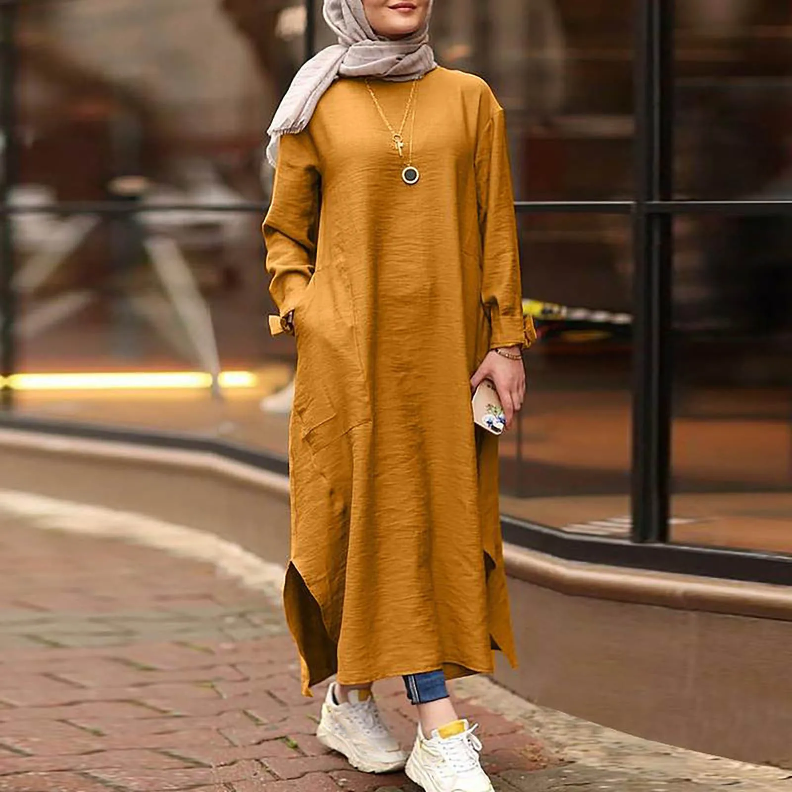 Women Retro Long Sleeve Dress Solid Color Round Neck Maxi Dresses Autumn Casual Female Pockets Long Dress Vintage mujer Vestido 1