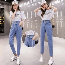 Высокая талия прямые трубы показывает тонкие старый папа репа брюки девять минут Харун брюки джинсы женские