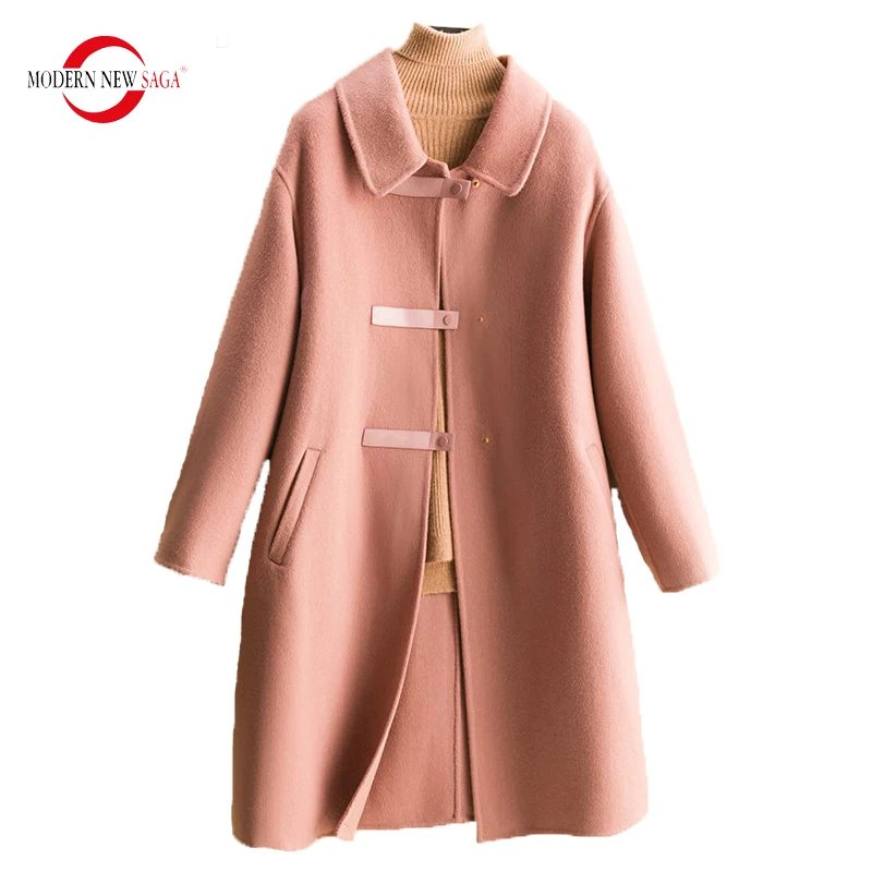 MODERN NEW SAGA Winter Women Coat 100% Wool Autumn Woolen Loose Coat Fashion Wool Blend Long Jacket Pink Coat Overcoat Oversized